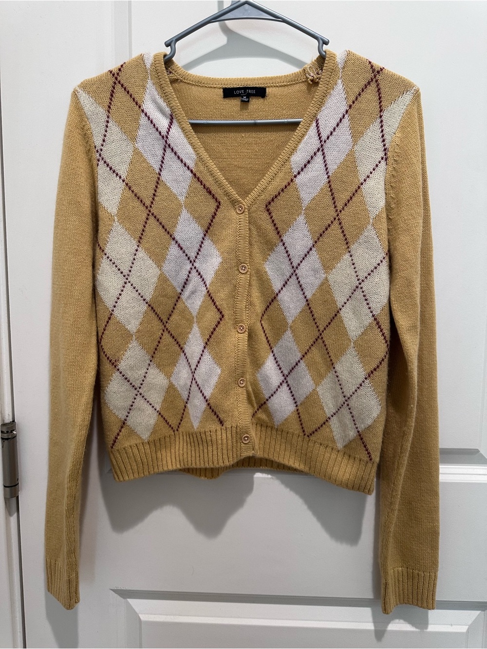 Love Tree Mustard Argyle V-Neck Cardigan Sweater